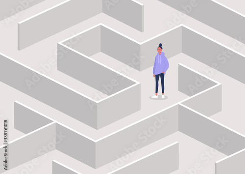 Young female character in a maze, strategical thinking and troubleshooting, business concept