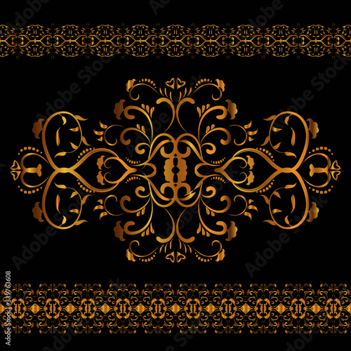 Set of 2 luxury borders and logo. Vector template for workpiece for your design. Illustration of a gold tracery element on a black background. Foil stamping.