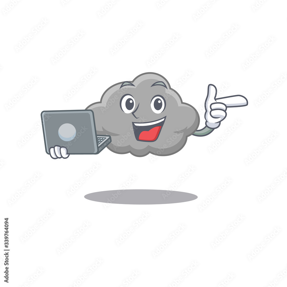 Cartoon character of grey cloud clever student studying with a laptop Cartoon character of grey cloud clever student studying with a laptop