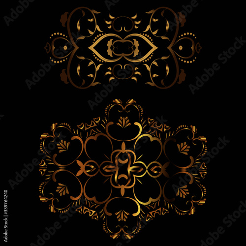 Set of 2 Luxury logo. Vector template for logos, book covers, business cards, corporate identity creation. Illustration of a gold tracery element on a black background. Foil stamping.