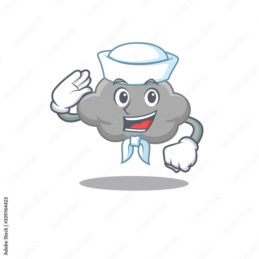 Sailor cartoon character of grey cloud with white hat Sailor cartoon character of grey cloud with white hat