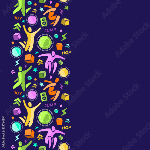 Repeating seamless pattern, swatch, vertical border. Set of icons: jumping people, top view trampoline, sound speaker, foam rubber cubes, lightning, chevron. Trampoline, amusement park concept. EPS 10