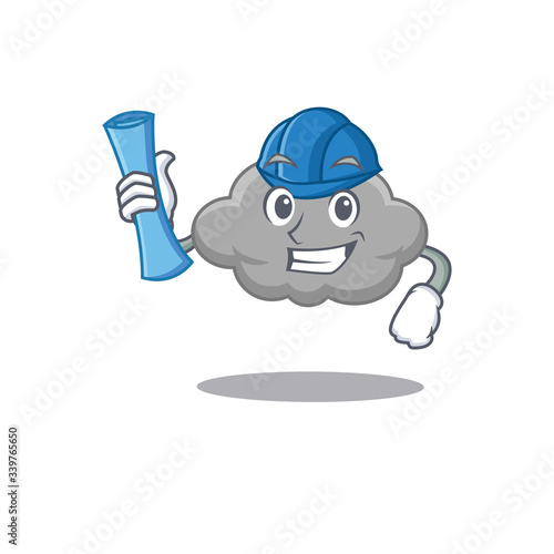 Cartoon character of grey cloud brainy Architect with blue prints and blue helmet