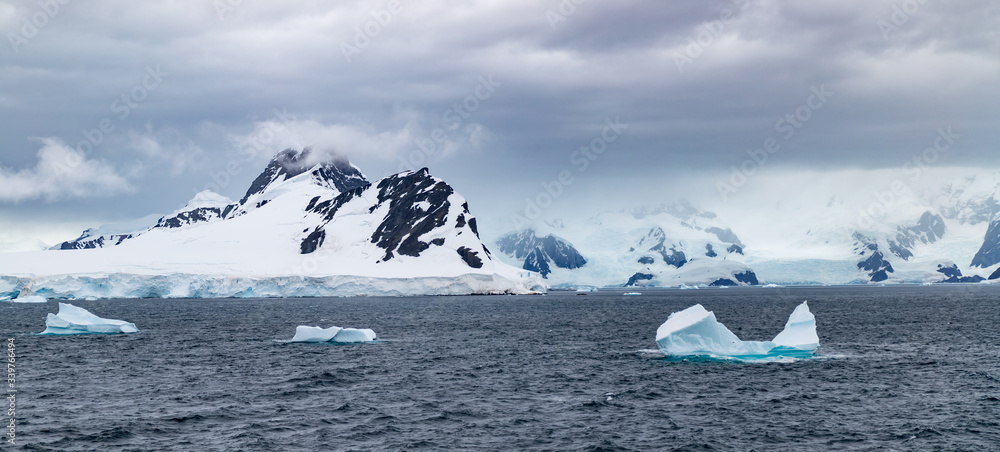 Fototapeta premium Icebergs floating in the Antarctic after calving off the numerous glaciers in the area.