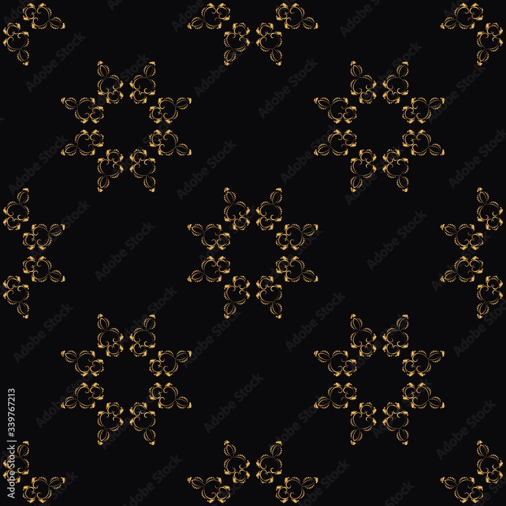 Seamless pattern with gold elements on a black background. Vector floral symbol for cafe, restaurant, shop, print, stamp, elegant wedding invitation card, invitation.
Seamless pattern with gold elements on a black background. Vector floral symbol for cafe, restaurant, shop, print, stamp, elegant wedding invitation card, invitation.