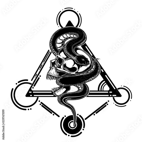 skull and snake vector illustration. tattoo design. inking black work. hand draw. for t-shirt, card, logo, and wallpaper. with triangle geomatric shape.