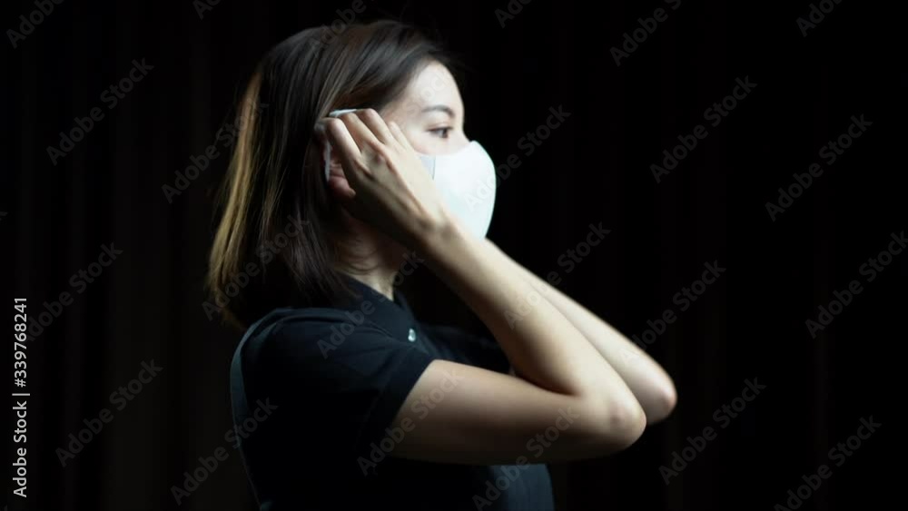 Woman wearing the N95 Respiratory protection mask. Woman wearing the N95 Respiratory protection mask.