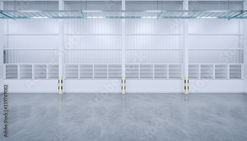 Industrial building. Use as factory, warehouse, storehouse, hangar or plant. Modern interior design with concrete floor, metal wall, steel structure and empty space for industry background. 3d render.