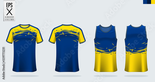 T-shirt mockup, sport shirt template design for soccer jersey, football kit. Tank top for basketball jersey and running singlet. Sport uniform in front view and back view.  Mock up Vector Illustration