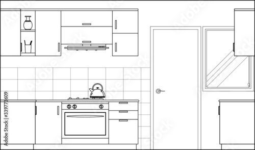 Kitchen and pantry side elevation drawing complete with cabinets, appliance and utensils in 2D CAD drawing. Drawing in black and white.  
