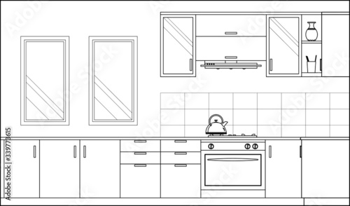 Kitchen and pantry side elevation drawing complete with cabinets, appliance and utensils in 2D CAD drawing. Drawing in black and white.  
