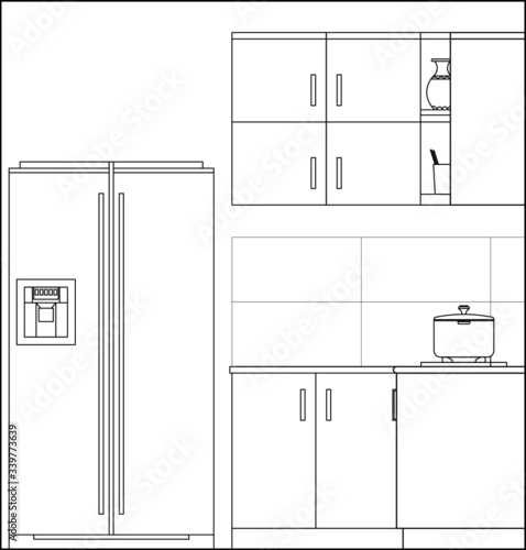 Kitchen and pantry side elevation drawing complete with cabinets, appliance and utensils in 2D CAD drawing. Drawing in black and white.  
