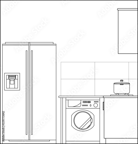Kitchen and pantry side elevation drawing complete with cabinets, appliance and utensils in 2D CAD drawing. Drawing in black and white.  
