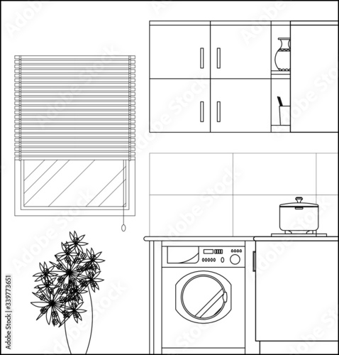 Kitchen and pantry side elevation drawing complete with cabinets, appliance and utensils in 2D CAD drawing. Drawing in black and white.  
