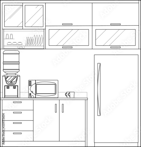 Kitchen and pantry side elevation drawing complete with cabinets, appliance and utensils in 2D CAD drawing. Drawing in black and white.  
