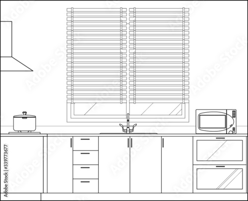 Kitchen and pantry side elevation drawing complete with cabinets, appliance and utensils in 2D CAD drawing. Drawing in black and white.  
