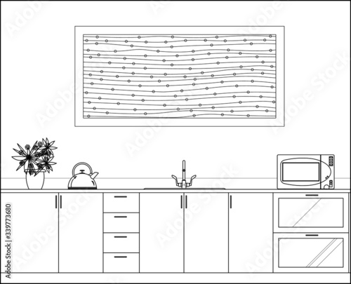 Kitchen and pantry side elevation drawing complete with cabinets, appliance and utensils in 2D CAD drawing. Drawing in black and white.  
