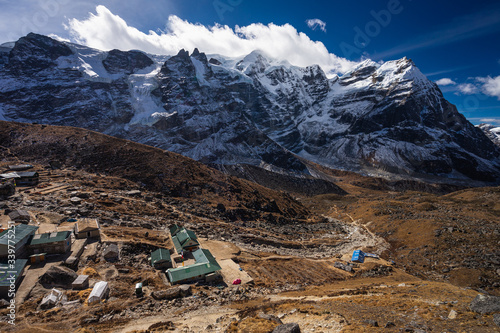 Top view of Khare village with Mera peak in background, Himalaya mountains range in Nepal