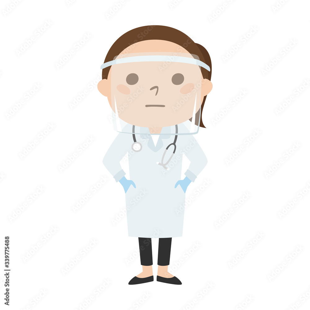 感染予防の為、フェイスシールドをしている女性医師。