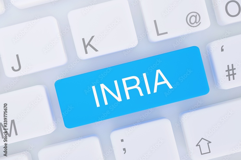 INRIA. Computer Tastatur von oben zeigt Taste mit Wort hervorgehoben. Software, Internet, Programm INRIA. Computer Tastatur von oben zeigt Taste mit Wort hervorgehoben. Software, Internet, Programm