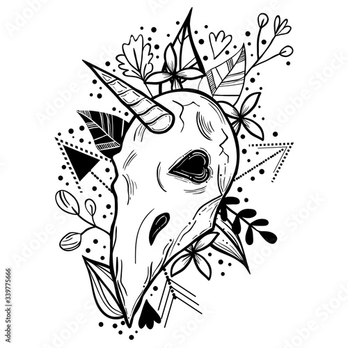 Bohemian tattoo art style illustration with bird's skull with unicorn's horn and floral background. Witchcraft fantasy print.