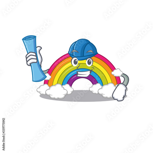 Cartoon character of rainbow brainy Architect with blue prints and blue helmet