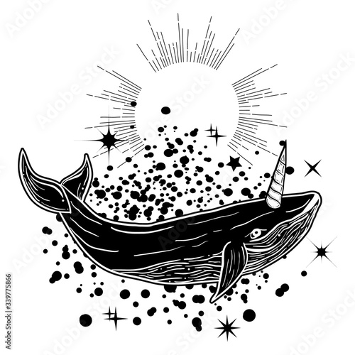 Tattoo art style illustration with whale unicorn. Mystical symbol of adventure, dreams