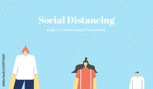 People keep distance away in public to protect Coronavirus. Social distancing to prevent from virus spreading, flu prevention, coronavirus and self quarantine concept. Vector illustration.