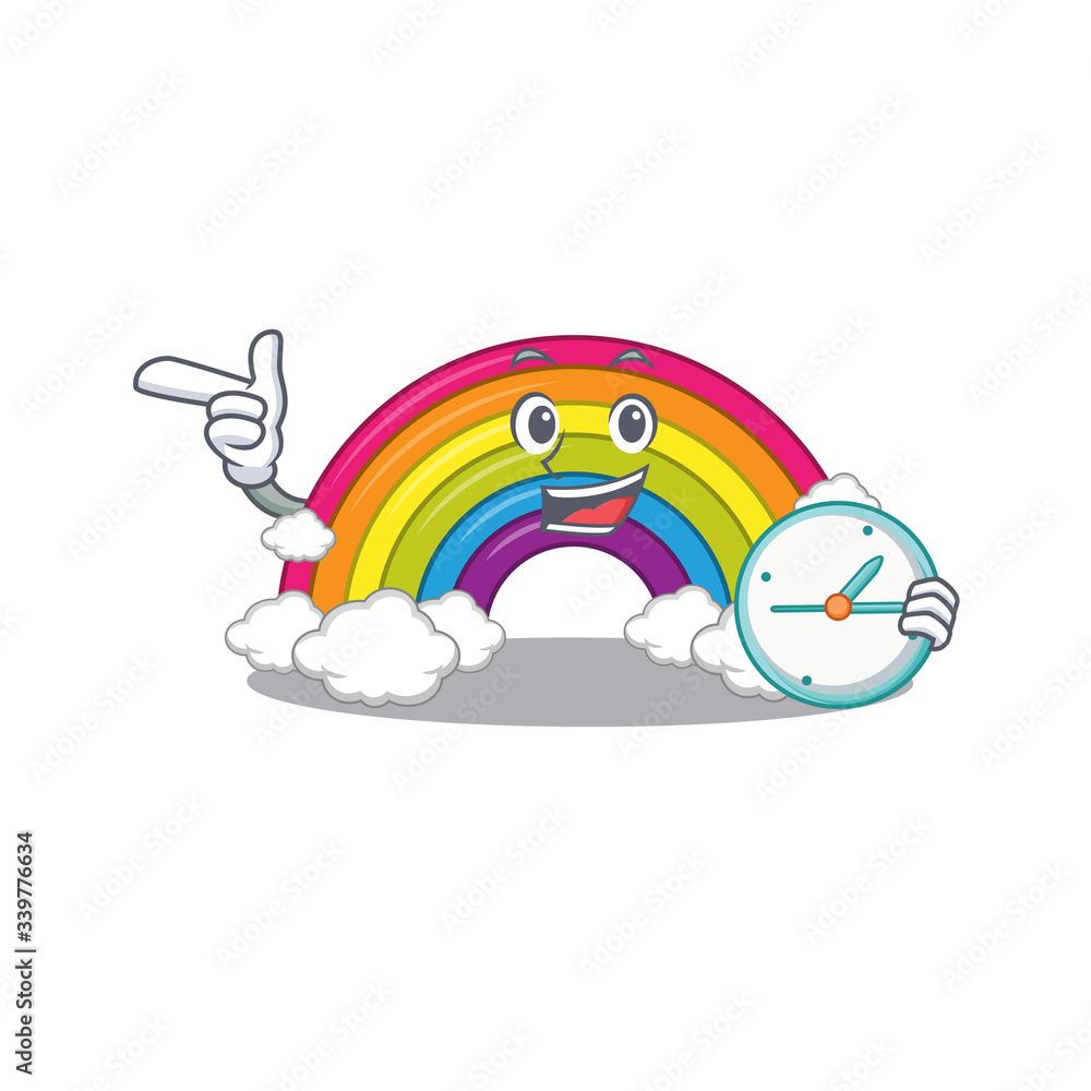 rainbow mascot design concept smiling with clock
