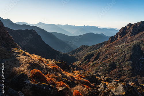 Beautiful landscape of Himalayas mountain range in a morning sunrise, Mera peak climbing route in Nepal