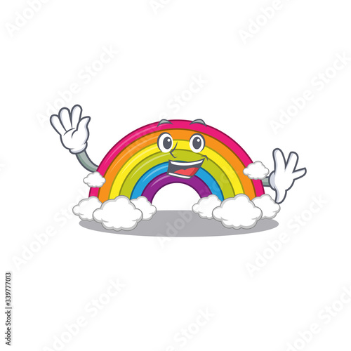 A charismatic rainbow mascot design style smiling and waving hand