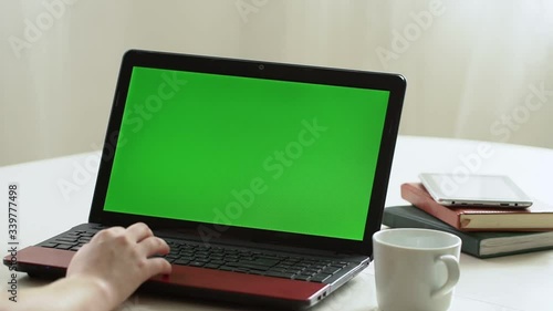 Wallpaper Mural Closeup woman sitting table notebook female hands keyboarding laptop using texting pointing networking green screen chroma key chromakey keyboard white device working message student businesswoman Torontodigital.ca