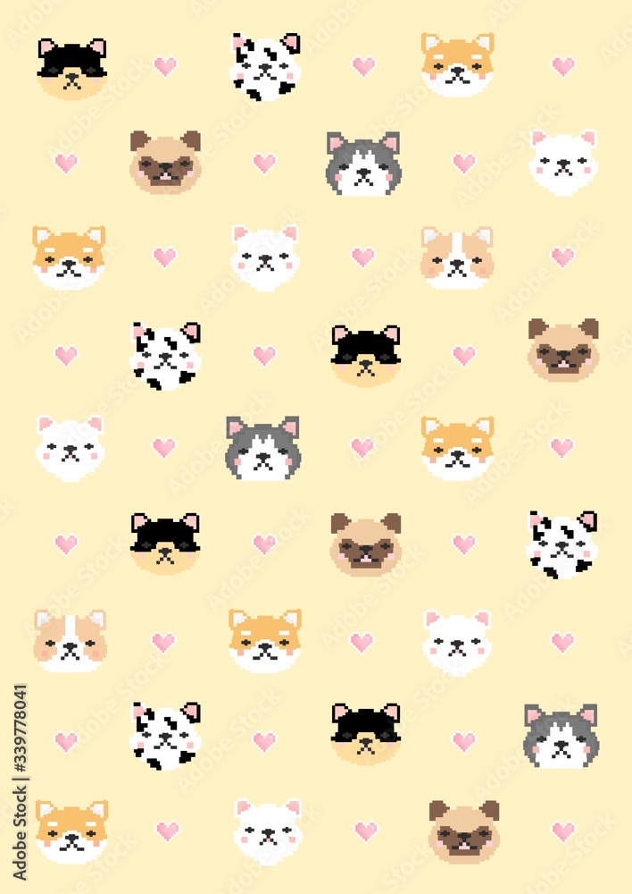 Cute 8-bit various dogs and pink heart shaped polka-dot patterns on yellow background Cute 8-bit various dogs and pink heart shaped polka-dot patterns on yellow background