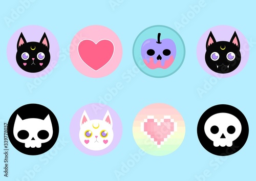 Cute pastel goth halloween icons included witchy cat skull heart and cat skull on pastel blue background