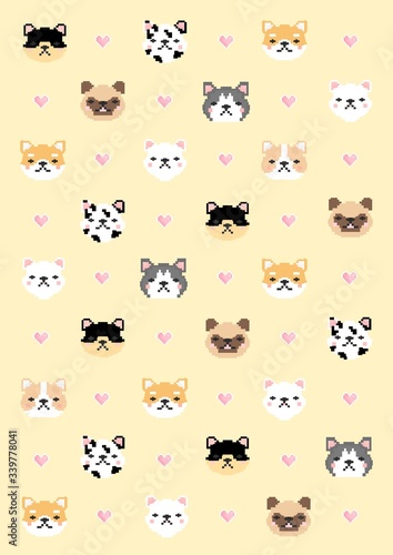 Fototapeta Naklejka Na Ścianę i Meble -  Cute 8-bit various dogs and pink heart shaped polka-dot patterns on yellow background