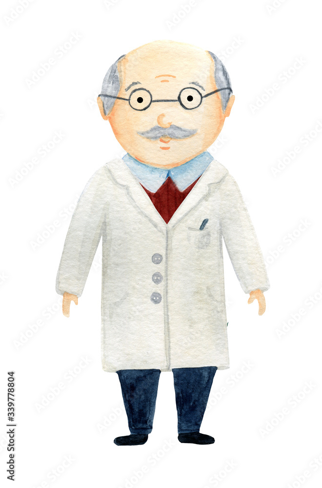 The gray-haired doctor in glasses and a uniform of the doctor. Man on a white background in watercolor. The gray-haired doctor in glasses and a uniform of the doctor. Man on a white background in watercolor.