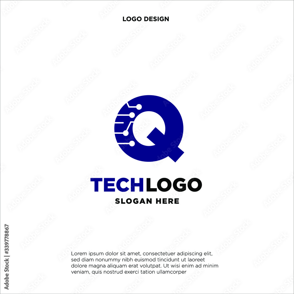 Q Technology Circuit Alphabet. Logo. Simple, modern, futuristic. With Blue Gradation Color.