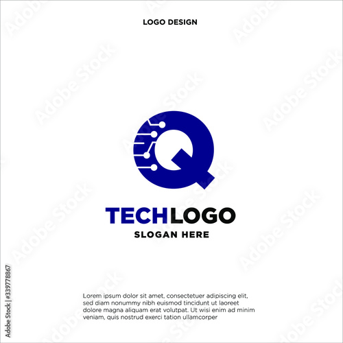 Q Technology Circuit Alphabet. Logo. Simple, modern, futuristic. With Blue Gradation Color.