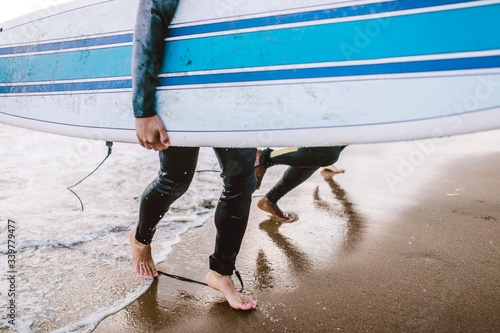 Surfers coming out of the water photo