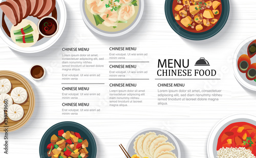 Chinese food menu restaurant on a white wooden table top template background. Use for poster, print, flyer, brochure.