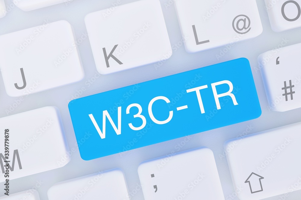 W3C-TR. Computer Tastatur von oben zeigt Taste mit Wort hervorgehoben. Software, Internet, Programm W3C-TR. Computer Tastatur von oben zeigt Taste mit Wort hervorgehoben. Software, Internet, Programm