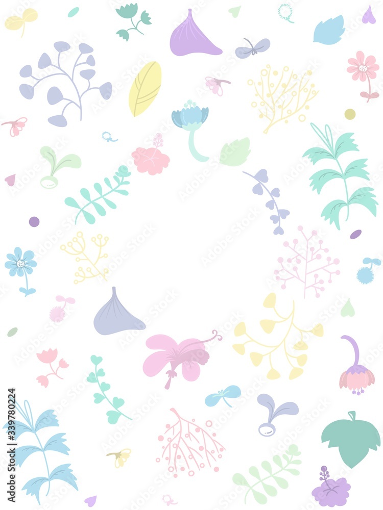 Hand draw set of flowers and leaves in pastel color as frame with circle blank space in the middle. Hand draw set of flowers and leaves in pastel color as frame with circle blank space in the middle.