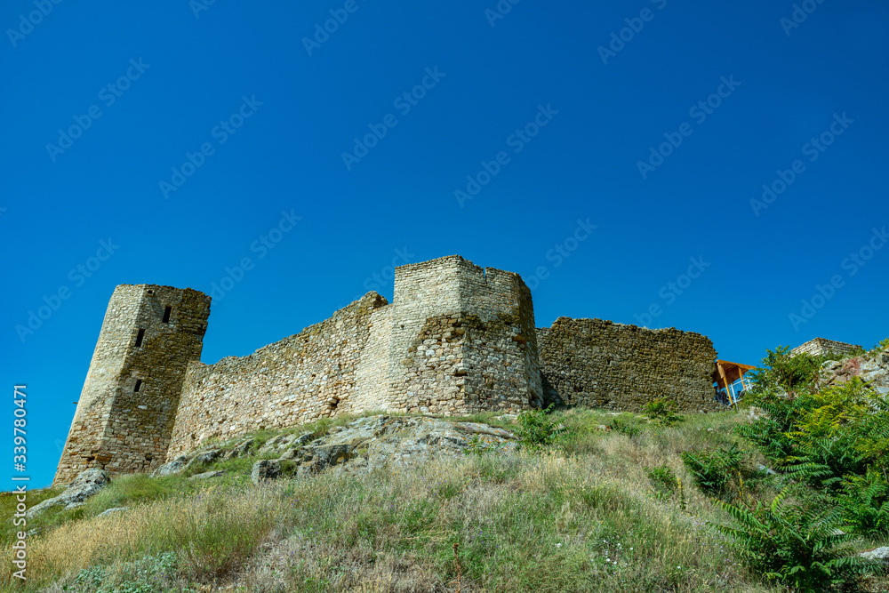 medieval fortress with brick walls and defense tower