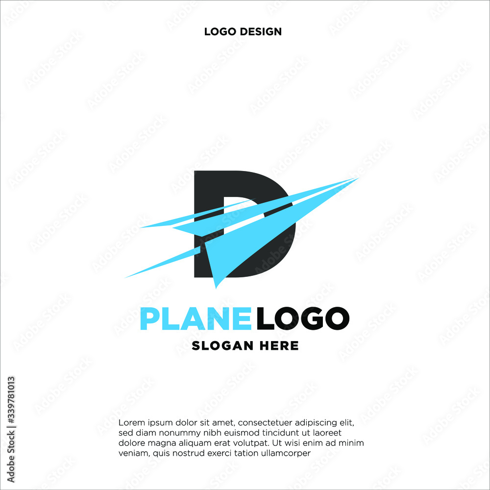 big capital letter D slashed with a paper airplane. aeromode logo vector.