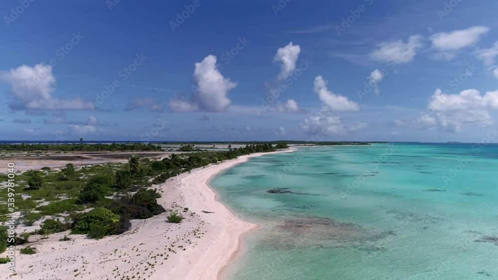 Beautiful drone ascending shot of pink sands and blue turquoise waters of paradise island Tikehau lagoon, French Polynesia. Clouds, blue sky, Palm trees and coconut trees fill the South Pacific scene Beautiful drone ascending shot of pink sands and blue turquoise waters of paradise island Tikehau lagoon, French Polynesia. Clouds, blue sky, Palm trees and coconut trees fill the South Pacific scene
