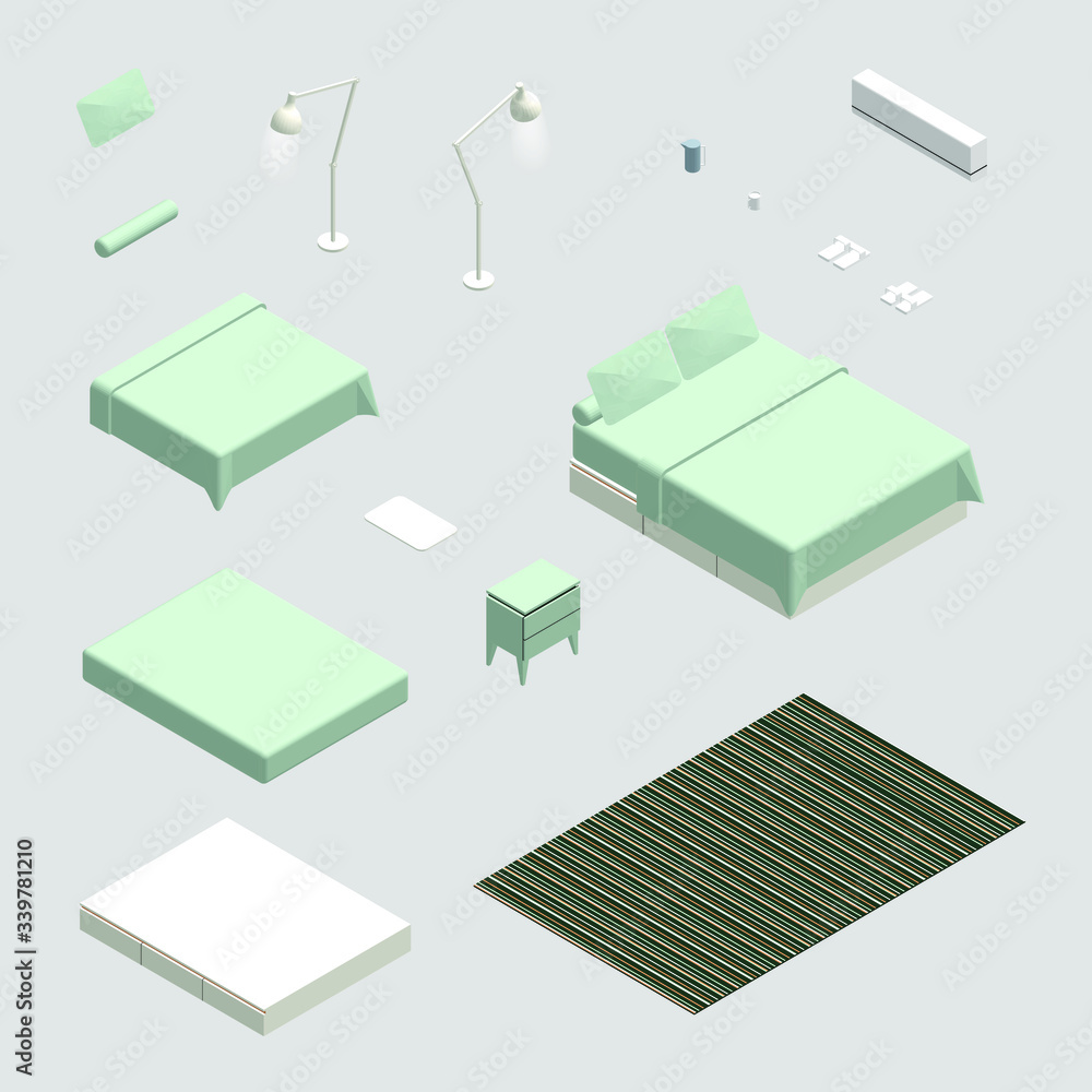 Isometric vector illustration collection of bedroom furniture and miscleaneous Isometric vector illustration collection of bedroom furniture and miscleaneous