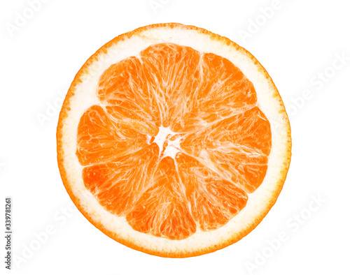 Macro photo of slice of orange fruit isolated on white background