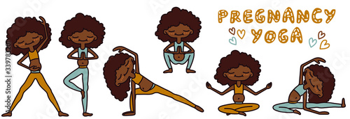 Vector isolated character set. African pregnant mother in leggings and tank top performs different yoga poses. The inscription behemoth yoga. Illustration for website design, blog, postcards. 