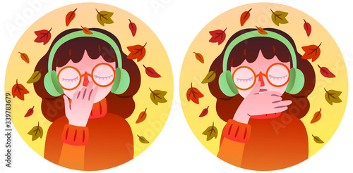 A pretty girl in glasses and warm headphones performs breathing practice. Vector isolated character illustrating two positions of the hands during the performance of pranayama. Autumn theme.