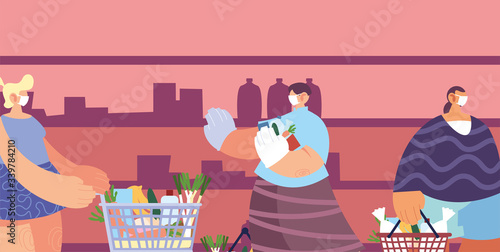people with medical masks doing shopping in supermarket, social distancing